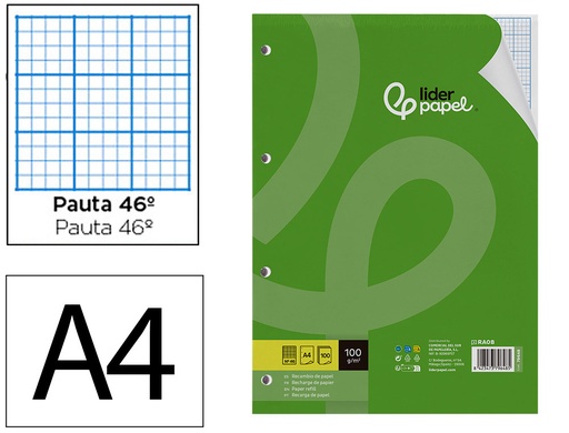 [2079648] LIDERPAPEL - RECAMBIO A4 100 HOJAS 100 G/M2 RAYADO Nº 46 4 TALADROS (Ref.RA08)