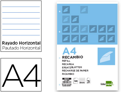 [2052397] LIDERPAPEL - RECAMBIO A4 120 HOJAS 70G/M2 HORIZONTAL SIN MARGEN 4 TALADROS BANDAS DE 5 COLORES (Ref.RE03)