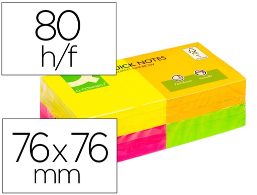 [2028603] Q-CONNECT - BLOC DE NOTAS ADHESIVAS QUITA Y PON 75X75 MM CON 80 HOJAS FLUORESCENTES PACK DE 12 SURTIDAS EN 4 COLORES (Ref.KF10508)