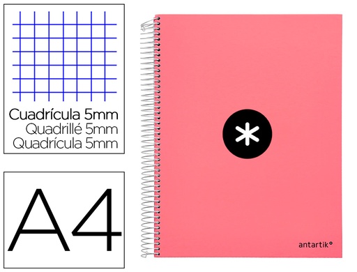 [2064650] ANTARTIK - Cuaderno espiral liderpapel A4 micro tapa forrada120h 100 gr cuadro 5mm 5 bandA4 taladros color coral (Ref. KD85)