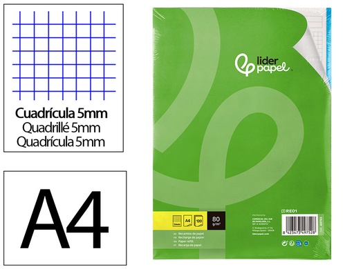[2049752] LIDERPAPEL - RECAMBIO A4 120 HOJAS 80G/M2 CUADRO 5MM SIN MARGEN 4 TALADROS BANDAS DE 5 COLORES (Ref.RE01)