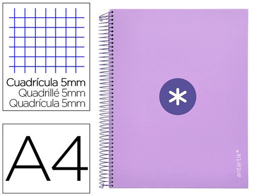 [2005070] ANTARTIK - Cuaderno espiral liderpapel A4 micro tapa forrada120h 100 gr cuadro 5mm 5 bandA4 taladros color lavanda (Ref. BA73)