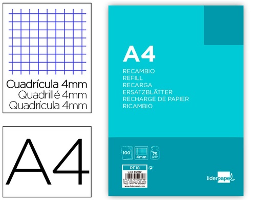 [2050019] LIDERPAPEL - RECAMBIO FOLIO 100 HOJAS 80G/M2 CUADRO 4MM CON MARGEN 4 TALADROS (Ref.RF18)