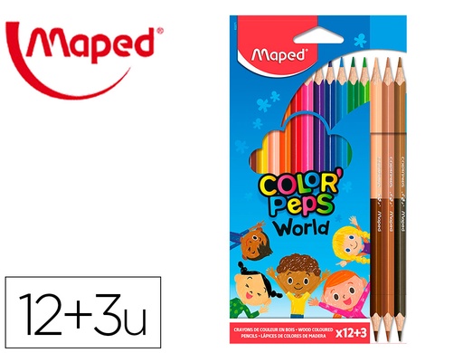 [9162262] MAPED - Lapices de colores color peps world caja de 12 colores surtidos + 3 duo tonos de piel (Ref. 832071)