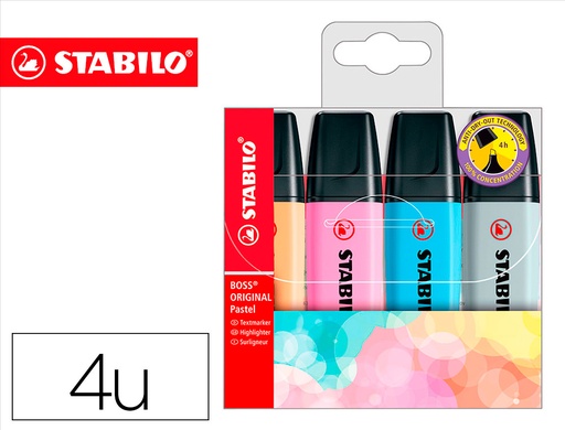 [9156907] STABILO - Rotulador boss fluorescente 70 pastel estuche de 4 unidades colores surtidos (Ref. 70/4-3)