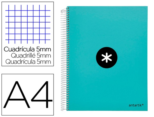 [2064651] ANTARTIK - Cuaderno espiral liderpapel A4 micro tapa forrada120h 100 gr cuadro 5mm 5 bandA4 taladros color menta (Ref. KD86)