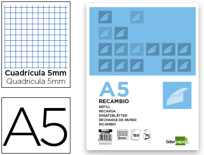 [2052705] LIDERPAPEL - RECAMBIO A5 120 HOJAS 80G/M2 CUADRO 5MM SIN MARGEN 6 TALADROS BANDAS DE 5 COLORES (Ref.RE04)