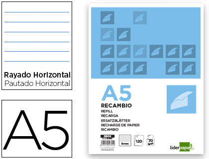 [2052394] LIDERPAPEL - RECAMBIO A5 120 HOJAS 80G/M2 HORIZONTAL SIN MARGEN 6 TALADROS BANDAS DE 5 COLORES (Ref.RE02)