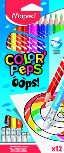 [9936195] MAPED - LAPICES de COLORES COLOR´PEPS BORRABLE OOPS! RESINA Estuche de 12 con GOMA (Ref.832812)