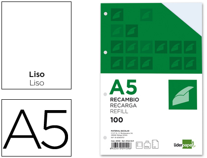 [2029109] LIDERPAPEL - RECAMBIO DIN-A5 100 H LISO 6 TALADROS CON MARGEN PAPEL 100 GRAMOS (Ref.RB03)