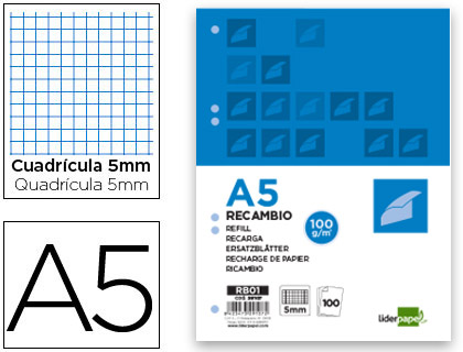 [2029107] LIDERPAPEL - RECAMBIO A5 100 HOJAS 100G/M2 CUADRO 5MM CON MARGEN 6 TALADROS (Ref.RB01)