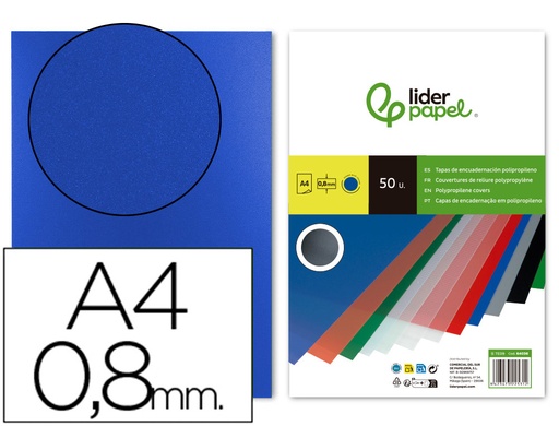 [2064036] LIDERPAPEL - TAPA ENCUADERNACION POLIPROPILENO A4 0.8MM AZUL PAQUETE DE 50 UNIDADES (Ref.TE09)