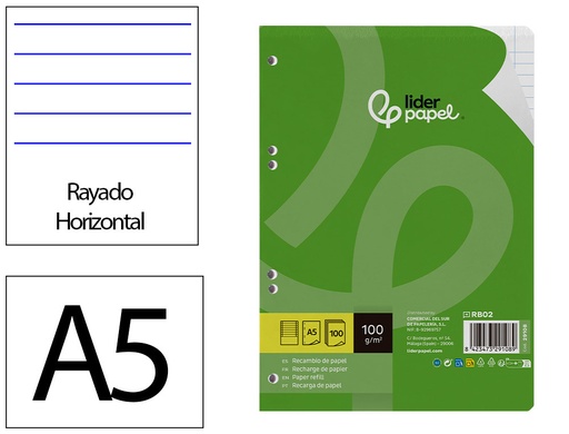 [2029108] LIDERPAPEL - RECAMBIO A5 100 HOJAS 100G/M2 HORIZONTAL CON MARGEN 6 TALADROS (Ref.RB02)