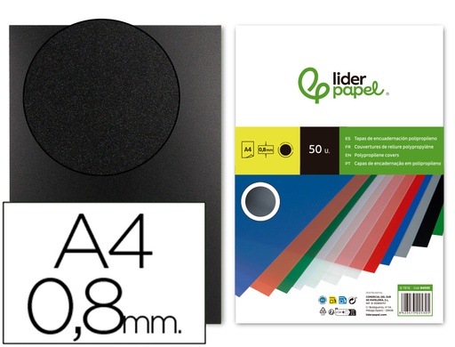 [2064035] LIDERPAPEL - TAPA ENCUADERNACION POLIPROPILENO A4 0.8MM NEGRA PAQUETE DE 50 UNIDADES (Ref.TE12)