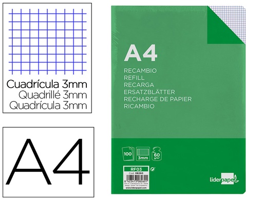 [2008260] LIDERPAPEL - RECAMBIO FOLIO 100 H 4TF-06 CUADRO 3 MM 4 TALADROS CON MARGEN (Ref.RF03)