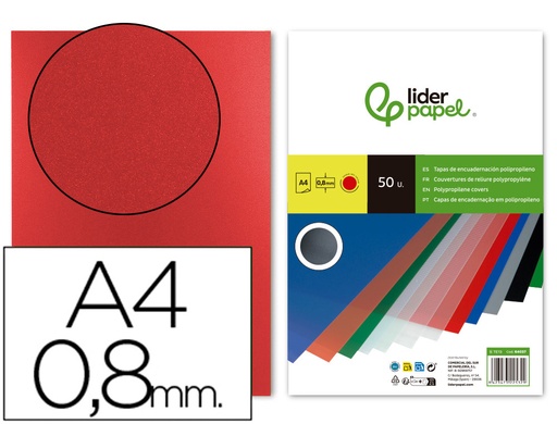 [2064037] LIDERPAPEL - TAPA ENCUADERNACION POLIPROPILENO A4 0.8MM ROJA PAQUETE DE 50 UNIDADES (Ref.TE13)