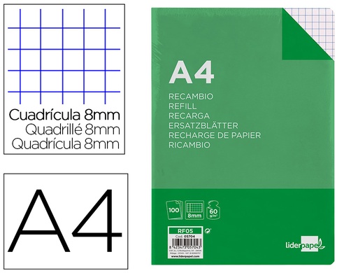 [2005704] LIDERPAPEL - RECAMBIO FOLIO 100 H 4TF-08 CUADRO 8 MM 4 TALADROS CON MARGEN (Ref.RF05)