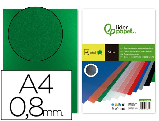 [2064047] LIDERPAPEL - TAPA ENCUADERNACION POLIPROPILENO A4 0.8MM VERDE PAQUETE DE 50 UNIDADES (Ref.TE22)