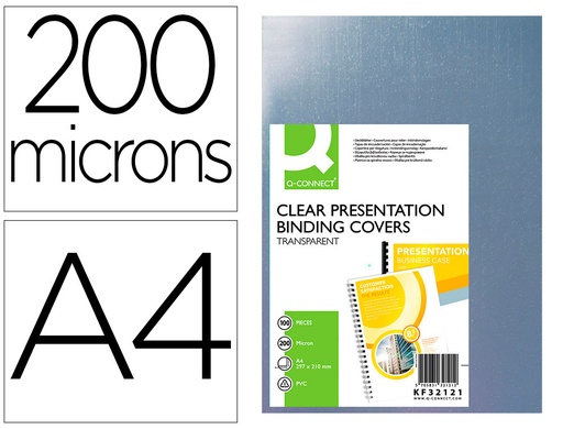 [2063459] Q-CONNECT - TAPA DE ENCUADERNACION PVC DIN A4 INCOLORA 200 MC CAJA DE 100 UNIDADES (Ref.KF32121)