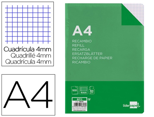 [2018646] LIDERPAPEL - RECAMBIO FOLIO 100 HOJAS 60G/M2 CUADRO 4MM CON MARGEN 16 TALADROS (Ref.RF11)