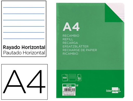[2018817] LIDERPAPEL - RECAMBIO FOLIO 100 HOJAS 60G/M2 HORIZONTAL SIN MARGEN 16 TALADROS (Ref.RF12)