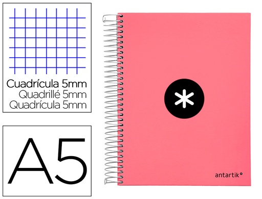 [2064654] ANTARTIK - Cuaderno espiral liderpapel a5 micro tapa forrada120h 100 gr cuadro 5 mm 5 band6 taladros color coral (Ref. KD89)