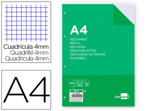 [2010412] LIDERPAPEL - RECAMBIO FOLIO 100 HOJAS 60G/M2CUADRO 4MM CON MARGEN 4 TALADROS (Ref.RF01)