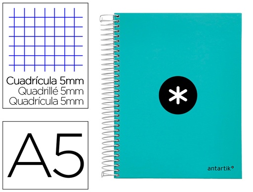 [2064655] ANTARTIK - Cuaderno espiral liderpapel a5 micro tapa forrada120h 100 gr cuadro 5 mm 5 band6 taladros color menta (Ref. KD90)