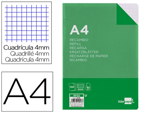 [2012016] LIDERPAPEL - RECAMBIO FOLIO 100 HOJAS 60G/M2CUADRO 4MM CON MARGEN SIN TALADROS (Ref.RF02)