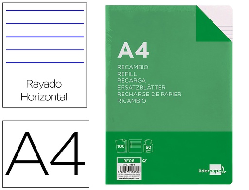 [2011858] LIDERPAPEL - RECAMBIO FOLIO 100 HOJAS 60G/M2HORIZONTAL CON MARGEN 4 TALADROS (Ref.RF06)