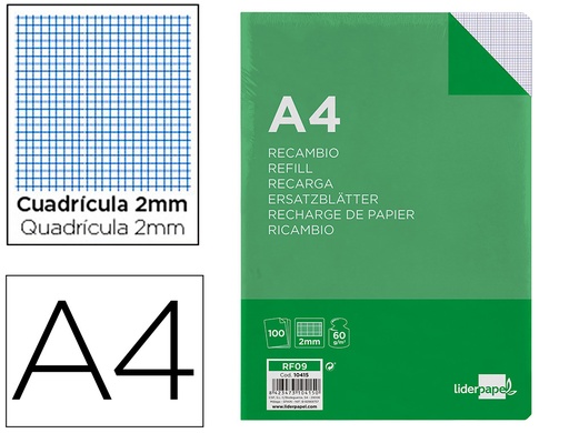 [2010415] LIDERPAPEL - RECAMBIO FOLIO 100 HOJAS 60G/M2MILIMETRADO SIN MARGEN 4 TALADROS (Ref.RF09)