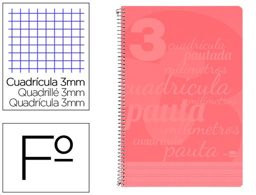 [2006481] LIDERPAPEL - Cuaderno espiral folio pautaguia tapa plastico 80h 75gr cuadro pautado 3mm con margen color rojo (Ref. BE34)