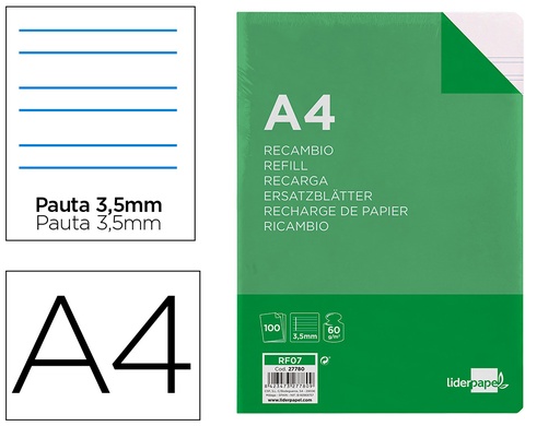 [2027780] LIDERPAPEL - RECAMBIO FOLIO 100 HOJAS 60G/M2PAUTA 4ª 3.5MM CON MARGEN 4 TALADROS (Ref.RF07)
