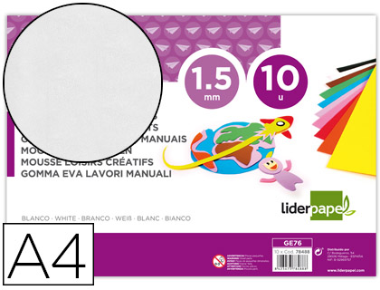 [2078488] LIDERPAPEL - GOMA EVA DIN A4 60G/M2 ESPESOR 1,5MM BLANCO PAQUETE DE 10 HOJAS (Ref.GE76)