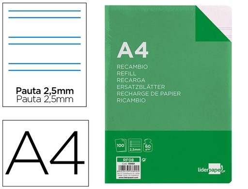 [2013899] LIDERPAPEL - RECAMBIO FOLIO 100 HOJAS 60G/M2PAUTA 5ª 2.5MM CON MARGEN 4 TALADROS (Ref.RF08)