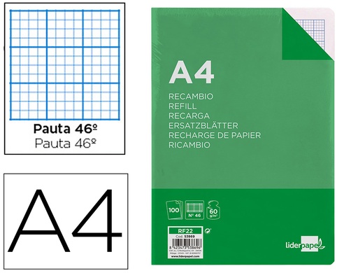 [2053869] LIDERPAPEL - RECAMBIO FOLIO 100 HOJAS 60G/M2RAYADO Nº46 4 TALADROS (Ref.RF22)