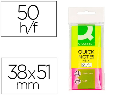 [2034208] Q-CONNECT - BLOC DE NOTAS ADHESIVAS QUITA Y PON 40X50 MM FLUORESCENTES PACK DE 3 CON 50 HOJAS (Ref.KF01224)