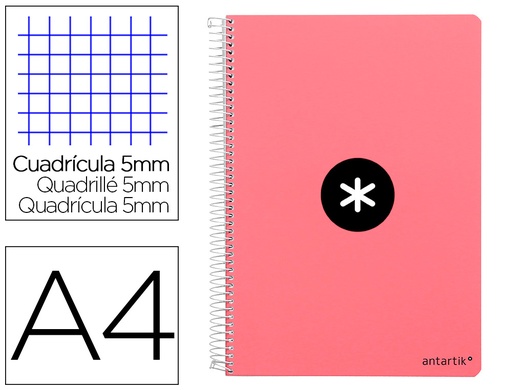 [2007818] ANTARTIK - Cuaderno espiral liderpapel A4 micro tapa dura 80 h 100 gr cuadro 5mm sin bandas 4 taladros color coral (Ref. KB02)