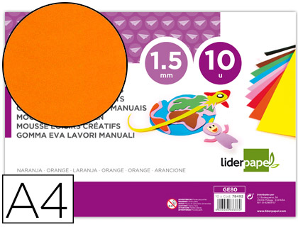 [2078492] LIDERPAPEL - GOMA EVA DIN A4 60G/M2 ESPESOR 1,5MM NARANJA PAQUETE DE 10 HOJAS (Ref.GE80)