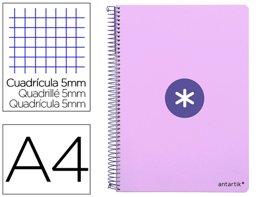 [2007819] ANTARTIK - Cuaderno espiral liderpapel A4 micro tapa dura 80h 100 gr cuadro 5 mm sin bandas 4 taladros color lavanda (Ref. KB03)