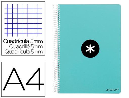 [2007817] ANTARTIK - Cuaderno espiral liderpapel A4 micro tapa dura 80h 100 gr cuadro 5mm sin bandas 4 taladros color menta (Ref. KB01)