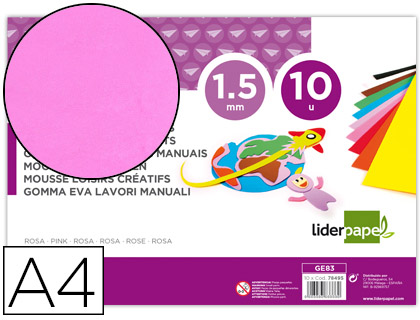 [2078495] LIDERPAPEL - GOMA EVA DIN A4 60G/M2 ESPESOR 1,5MM ROSA PAQUETE DE 10 HOJAS (Ref.GE83)