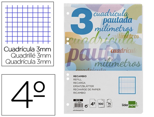 [2054535] LIDERPAPEL - RECAMBIO CUARTO PAUTAGUIA 100 HOJAS 70 G CUADRICULADO PAUTADO 3 MM CON MARGEN 6 TALADROS (Ref.RC16)