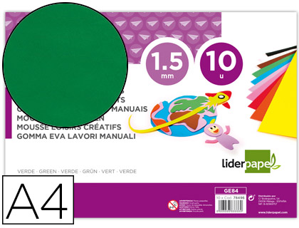 [2078496] LIDERPAPEL - GOMA EVA DIN A4 60G/M2 ESPESOR 1,5MM VERDE PAQUETE DE 10 HOJAS (Ref.GE84)