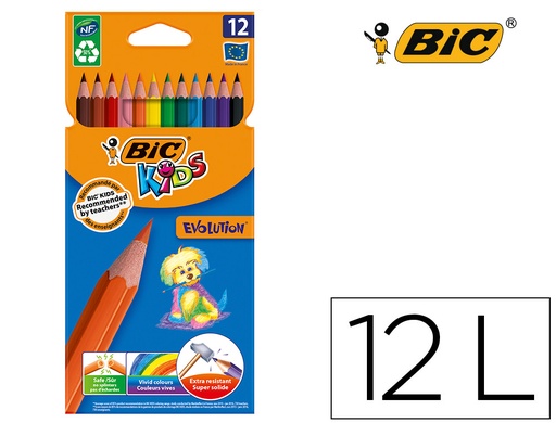 [2038205] BIC - LAPICES DE COLORES KID EVOLUTION ESTUCHE DE 12 COLORES SURTIDOS MINA ULTRA RESISTENTE (Ref.829029)