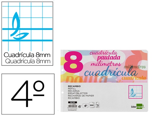 [2059482] LIDERPAPEL - RECAMBIO CUARTO PAUTAGUIA 100 HOJAS 70 G CUADRICULADO PAUTADO 8 MM CON MARGEN 2 TALADROS APAISADO (Ref.RC20)