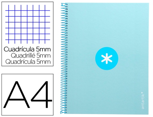[2161815] ANTARTIK - Cuaderno espiral liderpapel A4 micro tapa forrada 80h 90 gr cuadro 5mm 1 banda 4 taladros celeste (Ref. KB25)