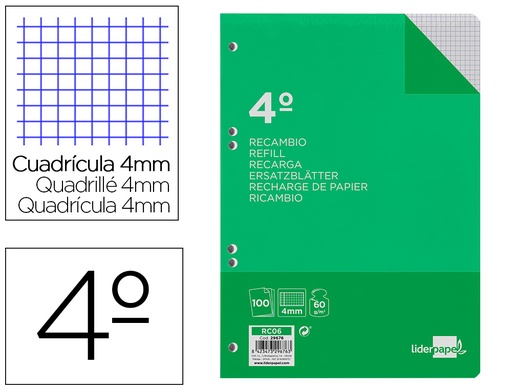 [2029676] LIDERPAPEL - RECAMBIO CUARTO 100 HOJAS 60G/M2 CUADRO 4MM CON MARGEN 6 TALADROS (Ref.RC06)