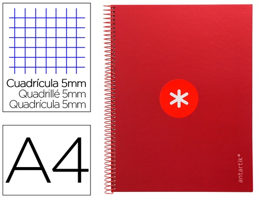 [2161809] ANTARTIK - Cuaderno espiral liderpapel A4 micro tapa forrada 80h 90 gr cuadro 5mm 1 banda 4 taladros frambuesa (Ref. KB19)