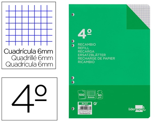 [2029677] LIDERPAPEL - RECAMBIO CUARTO 100 HOJAS 60G/M2 CUADRO 6MM CON MARGEN 6 TALADROS (Ref.RC07)
